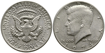 США 1/2 доллара (50 центов) 1974 Джон Кеннеди KM 202b медь плакированная медно-никелем 35-224