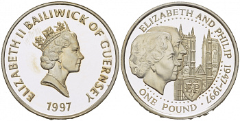 Гернси 1 фунт 1997 Елизавета и Филлип, золотая свадьба KM 70 серебро PROOF 02-264-66