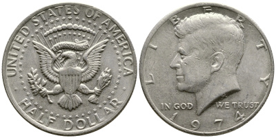 США 1/2 доллара (50 центов) 1974 Джон Кеннеди KM 202b медь плакированная медно-никелем 35-224
