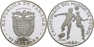 Панама 10 бальбоа 1982 чемпионат мира по футболу в Испании 1982 года, атака головой, игра в воздухе KM 78 серебро PROOF 02-208-25