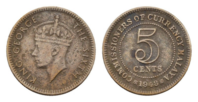 Малайя 5 центов 1948 Георг VI (1936-1952) KM 7 медно-никель 4679-714