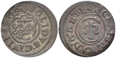 Ливония 1 солид (шелаг, шиллинг) 1645 КОРОЛЕВА КРИСТИНА (1632-1654), ШВЕДСКАЯ ОККУПАЦИЯ, ВЕС 0,7 ГР. KM 21 серебро 1517-1041