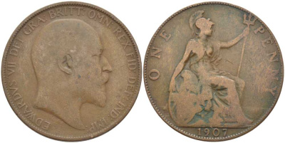 Великобритания 1 пенни 1907 Эдуард VII (1901-1910) KM 794.2, Spink 3990 бронза 4394-1025