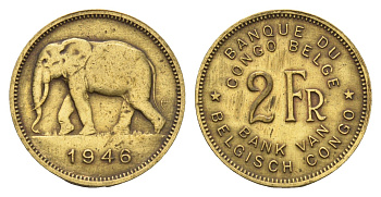 Бельгийское Конго 2 франка 1946 слон, Леопольд III KM 28 латунь 4670-1226