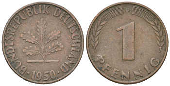 ФРГ 1 пфенниг 1950 A KM 105, J.380 сталь плакированная медью 3955-1143