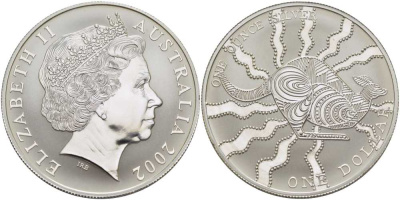 Австралия 1 доллар 2002 кенгуру, искусство аборигенов KM 642 серебро UNC 1078-3-43