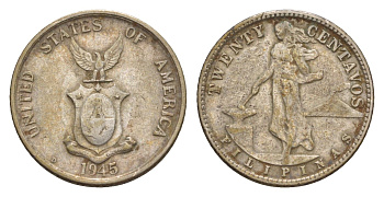 Филиппины 20 сентаво 1945 Администрация США KM 182 серебро 4655-647