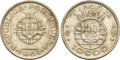Португальский Тимор 10 эскудо 1964  KM 16 серебро  aUNC  413-5823