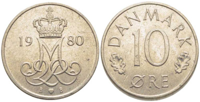 Дания 10 эре 1980 Маргрете II (1972-2024) KM 860.2 медно-никель 116-249