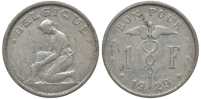 Бельгия 1 франк 1929 Belgique KM 89 медно-никель 4163-356