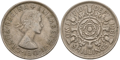 Великобритания 2 шиллинга (флорин) 1961 Елизавета II (1952-2022) KM 906, Spink 4146 медно-никель 4187-1112
