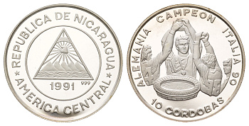 Никарагуа 10 кордоб 1991 Германия - Чемпион мира по футболу 1990 KM 76 серебро PROOF 413-815