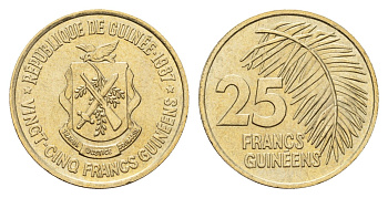 Гвинея 25 франков 1987 год-тип KM 60 медь цинк никель UNC 4674-1115