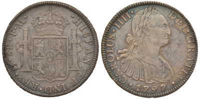 Мексика 8 реалов 1797 FM, монетный двор Mo (Мехико Сити), Карл IV Испанский (1788-1808), красивая патина KM 109 серебро 00-802-02