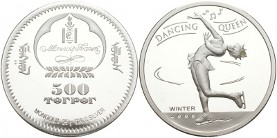Монголия 500 тугриков 2006 танцующая королева, фигурное катание, алмаз серебро PROOF 11-073-45