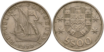 Португалия 5 эскудо 1979 KM 591 медно-никель 4156-545