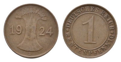 Германия 1 рентенпфенниг 1924 D KM 30, J. 306 бронза 4685-415