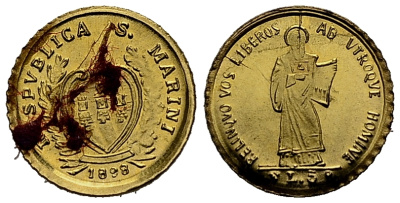 Сан-Марино 5 лир 1898 Апостол, миниатюра  золото  UNC 1521-943