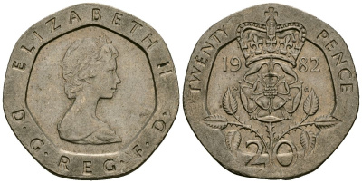 Великобритания 20 пенсов 1982 Елизавета II (1952-2022) KM 931, Spink 4230 (G1) медно-никель 4167-1253