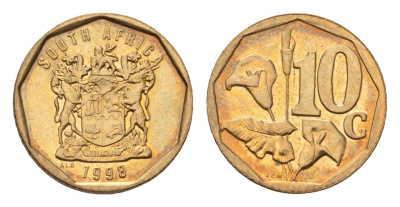 ЮАР 10 центов 1998 герб, цветок алоэ KM 161 сталь плакированная бронзой UNC 4694-748