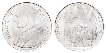 Ватикан 10 лир 1968 MCMLXVIII, год-тип KM 103 алюминий UNC 4700-635