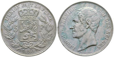 Бельгия 5 франков 1850 Леопольд I (1831-1865) KM 17 серебро 00-1067-9-43