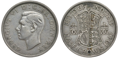 Великобритания 1/2 кроны 1947 Георг VI (1936-1952) KM 866, Spink 4101 медно-никель 4125-224