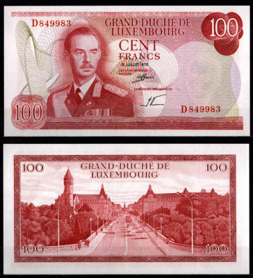 Люксембург 100 франков 1970 Великий герцог Жан. Мост Адольфа, Люксембург Pick 56 бумага UNC (пресс) 451-1237-1