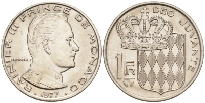 Монако 1 франк 1977 Ренье III (1949-2005) KM 140 никель 190-536