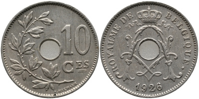 БЕЛЬГИЯ 10 САНТИМОВ 1926 BELGIQUE KM 85.1 медно-никель 4380-936