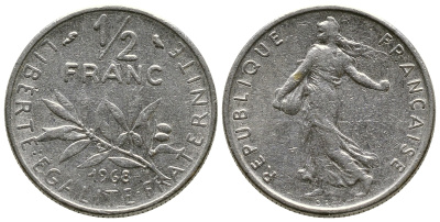 ФРАНЦИЯ 1/2 ФРАНКА 1968 KM 931.1 никель 93-1352