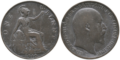 Великобритания 1 пенни 1910 Эдуард VII (1901-1910) KM 794.2, Spink 3990 бронза 32-446