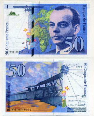 Франция 50 франков 1993 Антуан де Сент-Экзюпери, маленький принц, биплан "Breguet 14" Pick 157 b  бумага  UNC (пресс) 7217-60-2-1