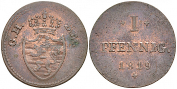 Гессен-Дармштадт 1 пфенниг 1819 GH - SM KM 280 медь 73-638