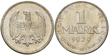 Германия 1 марка 1924 G KM 42, J. 311, Weege 14 серебро UNC 00-805-55