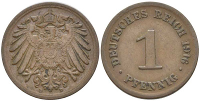 ГЕРМАНИЯ 1 ПФЕННИГ 1916 D KM 10, J. 10, Weege 2 медь 206-455