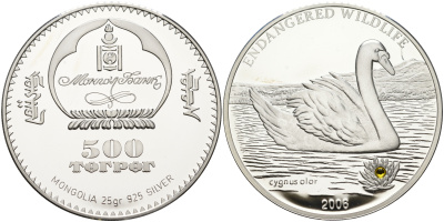 Монголия 500 тугриков 2006 лебедь, кристалы Сваровски KM 230 серебро PROOF 4-5-3-08