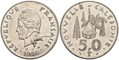 Французская Новая Каледония 50 франков 1983 хижина среди сосен и пальм, (IEOM) KM 13, Schoen 15, Lec 121 никель 4120-812