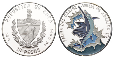 Куба оригинальный полный набор из 6 монет (10 песо) в оригинальной коробке 1994 Карибская фауна 1-4-6-07