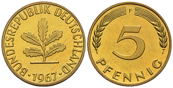 ФРГ 5 пфеннигов 1967 F KM 107, J. 382 сталь плакированная латунью PROOF 1094-7-15