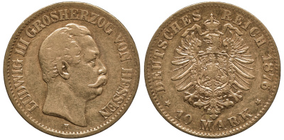 Гессен 10 марок 1876 H J. 216 золото 00-809-75