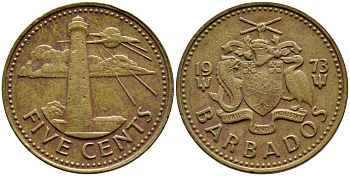 Барбадос 5 центов 1973 маяк Саут-Пойнт KM 11 латунь 4398-443