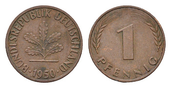 ФРГ 1 пфенниг 1950 J KM 105, J.380 сталь плакированная медью 4618-569