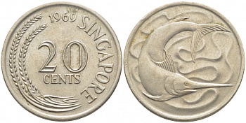СИНГАПУР 20 ЦЕНТОВ 1969 ГОЛУБОЙ МАРЛИН, ТУНЕЦ KM 4 медно-никель 3856-931