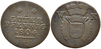 Шаумбург-Гессен 1 пфенниг 1804 F KM 4 медь 261-1116