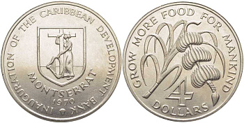 Монтсеррат 4 доллара 1970 FAO, открытие Карибского Банка Развития KM 30 медно-никель UNC 00-00