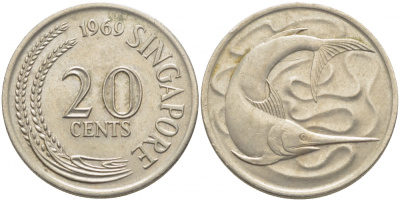 СИНГАПУР 20 ЦЕНТОВ 1969 ГОЛУБОЙ МАРЛИН, ТУНЕЦ KM 4 медно-никель 3856-931