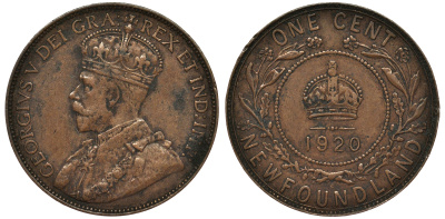 Ньюфаундленд 1 цент 1920 С, Георг V (1910-1936), большой цент KM 16 бронза    1518-412