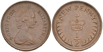 Великобритания 1/2 пенни 1971 Елизавета II (1952-2022) KM 914, Spink 4239 бронза 4564-767