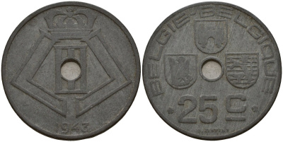 Бельгия 25 сантимов 1943 Belgie - Belgique, Леопольд III (1934-1947), германская оккупация, Вторая мировая война KM 132 цинк 4157-543